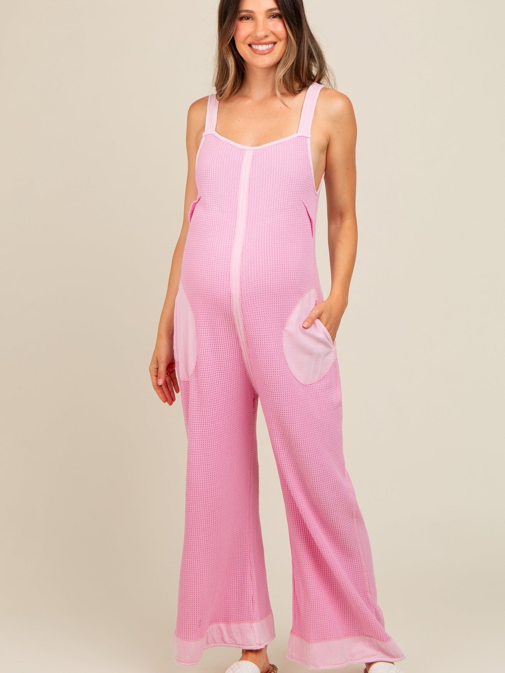Pink Waffle Knit Boho Wide Leg Maternity Jumpsuit, Medium